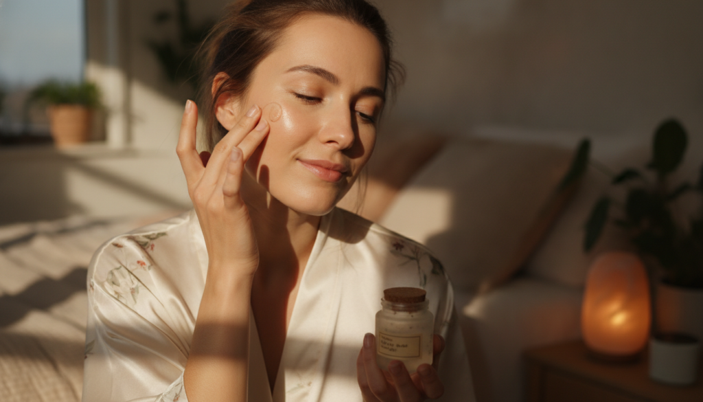 A woman gently applying a small amount of the homemade night gel to her face before bed