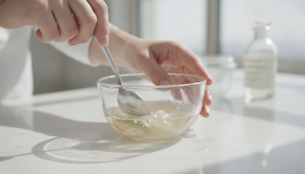 A small glass bowl containing melted Vaseline and baby oil with a spoon mixing in a white powder