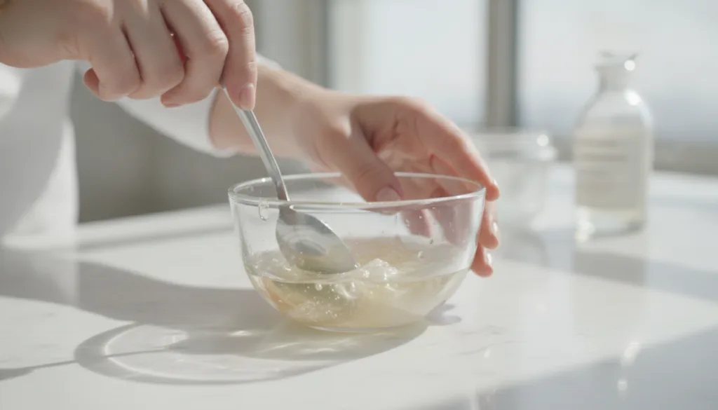 A small glass bowl containing melted Vaseline and baby oil with a spoon mixing in a white powder