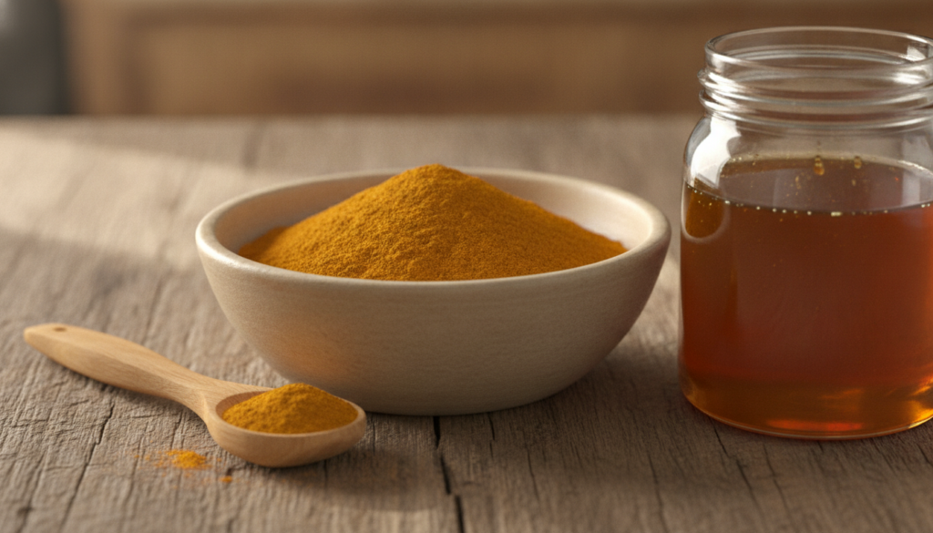 Close-up shot of a bowl of bright yellow turmeric powder with a small spoon next to a jar of golden honey on a rustic wo