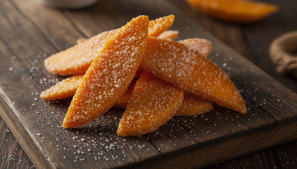 A close-up of colorful candied fruit slices such as mango or pineapple heavily coated in visible white sugar crystals on
