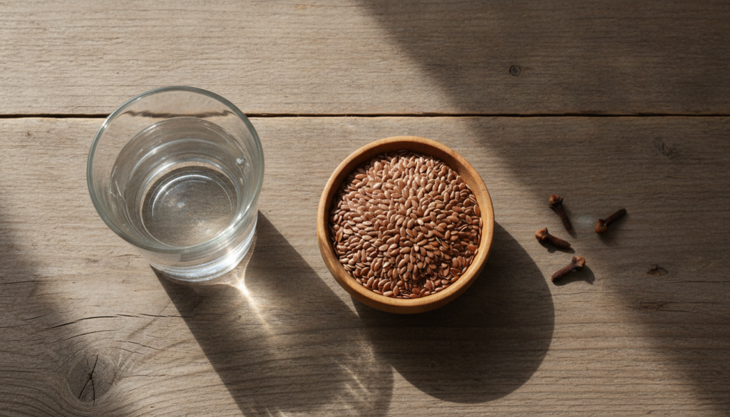A flat lay of whole flax seeds whole cloves and a glass of water arranged neatly on a rustic wooden surface highlighting