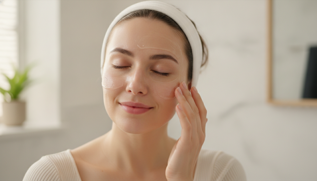 A woman gently applying a clear gel mask to her face with her fingertips her eyes closed in relaxation with soft natural