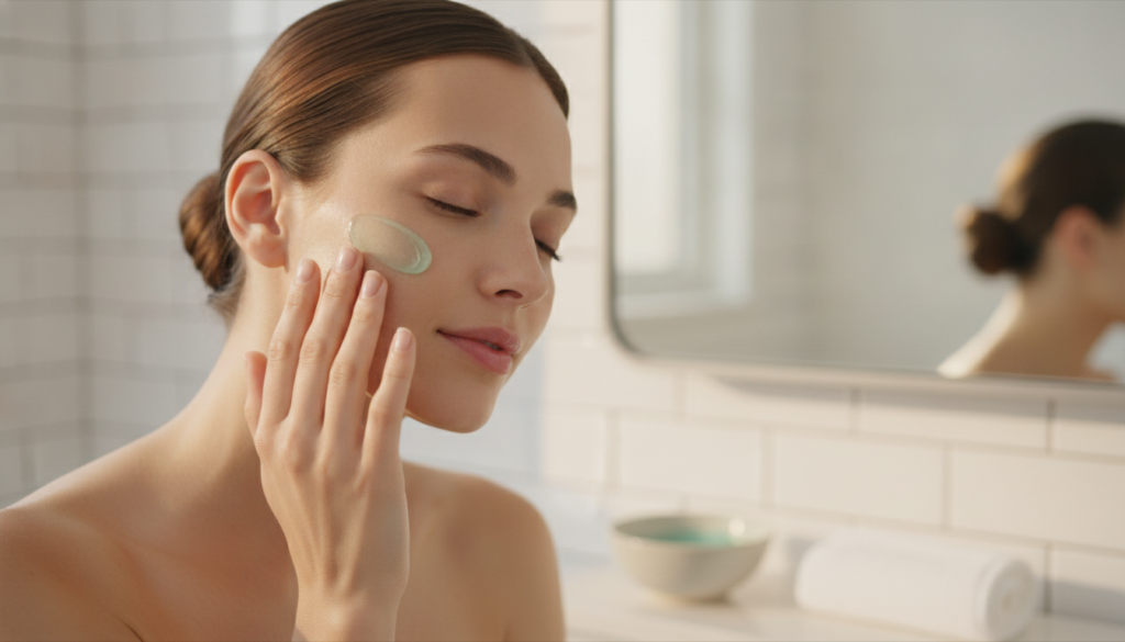 A woman gently applying a green gel to her clean face with a soft natural expression in a well-lit bathroom