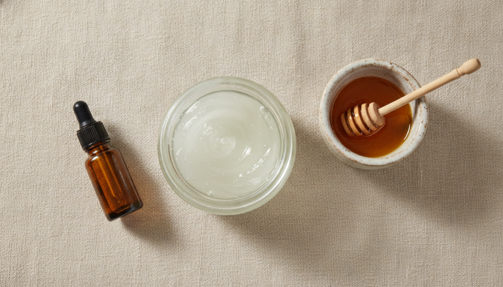 Various ingredients laid out on a clean surface a container of aloe vera gel a jar of honey and a small bottle of vitami