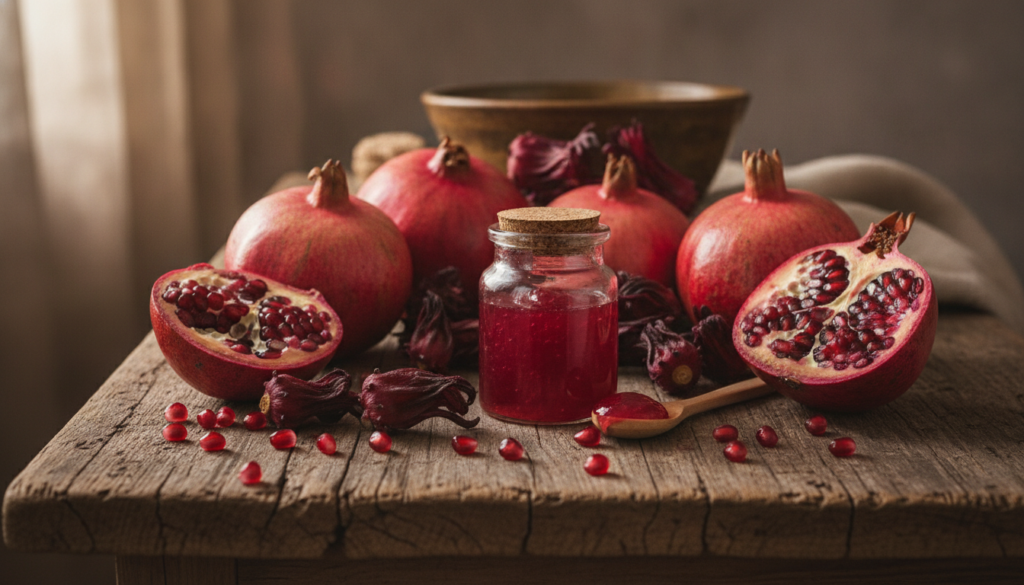 Ingredients for homemade collagen gel including fresh pomegranates dried hibiscus flowers and a small jar of the finishe