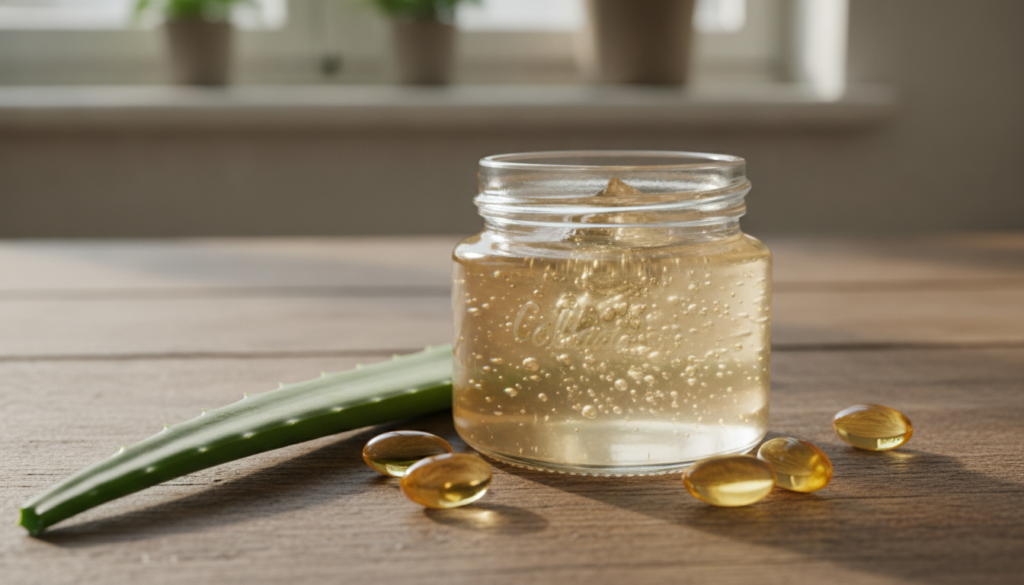 A small glass jar filled with a translucent homemade collagen gel with fresh natural ingredients like aloe vera leaf and