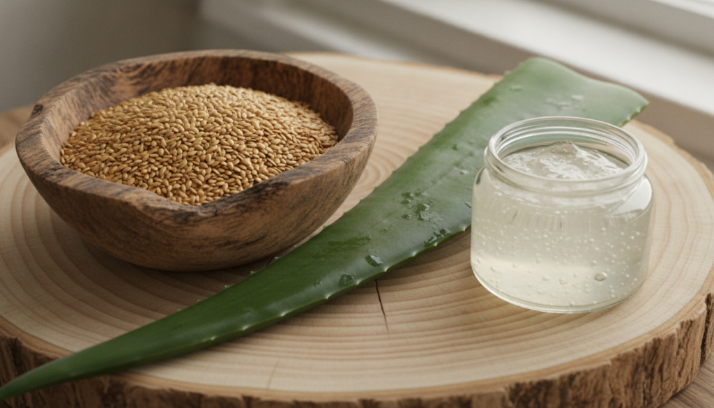 A close-up shot of flaxseeds in a bowl next to a fresh aloe vera leaf and a small jar of clear aloe vera gel