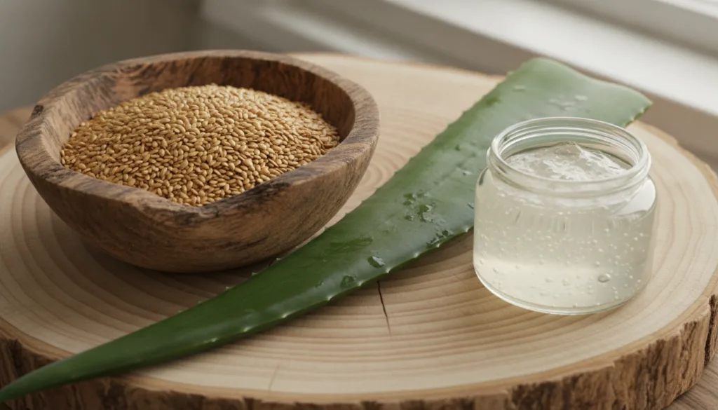 A close-up shot of flaxseeds in a bowl next to a fresh aloe vera leaf and a small jar of clear aloe vera gel