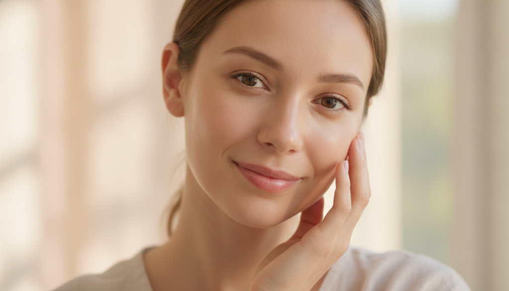 A woman smiling with healthy glowing skin gently touching her cheek in a bright natural light setting