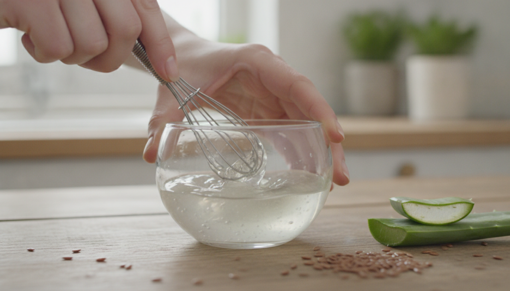 Hands mixing flaxseed gel and aloe vera gel in a glass bowl with a whisk showing the smooth texture