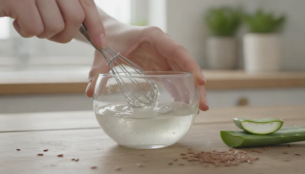 Hands mixing flaxseed gel and aloe vera gel in a glass bowl with a whisk showing the smooth texture