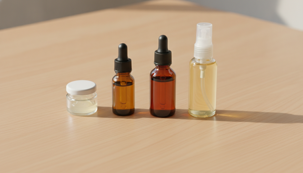 All four ingredients Vaseline Vitamin E oil Rosehip oil Sweet almond oil neatly arranged on a natural wooden surface