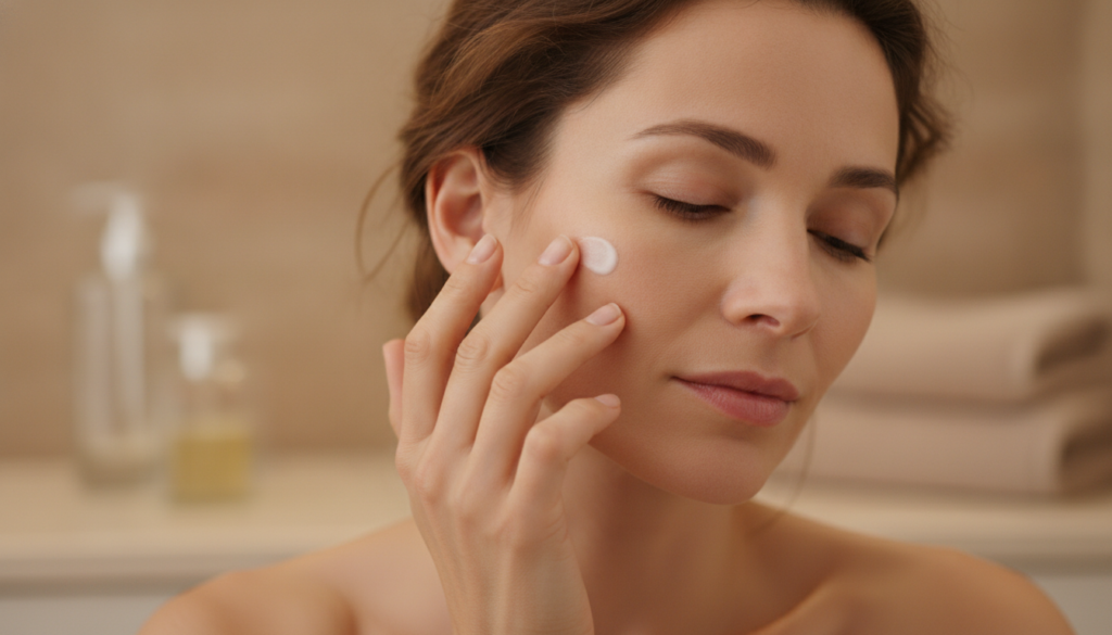 A woman gently applying a small amount of cream to her cheek before bed with soft serene lighting