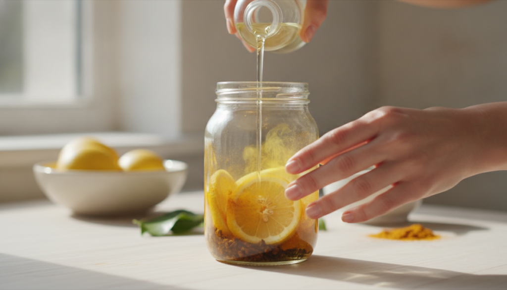 A woman is gently pouring baby oil into a glass jar filled with natural ingredients like lemon slices turmeric powder an
