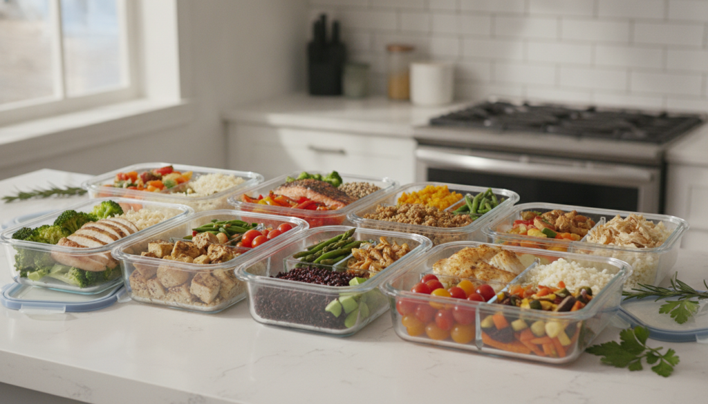A collection of healthy prepped meals in containers clearly showing protein sources like chicken rice and vegetables sui
