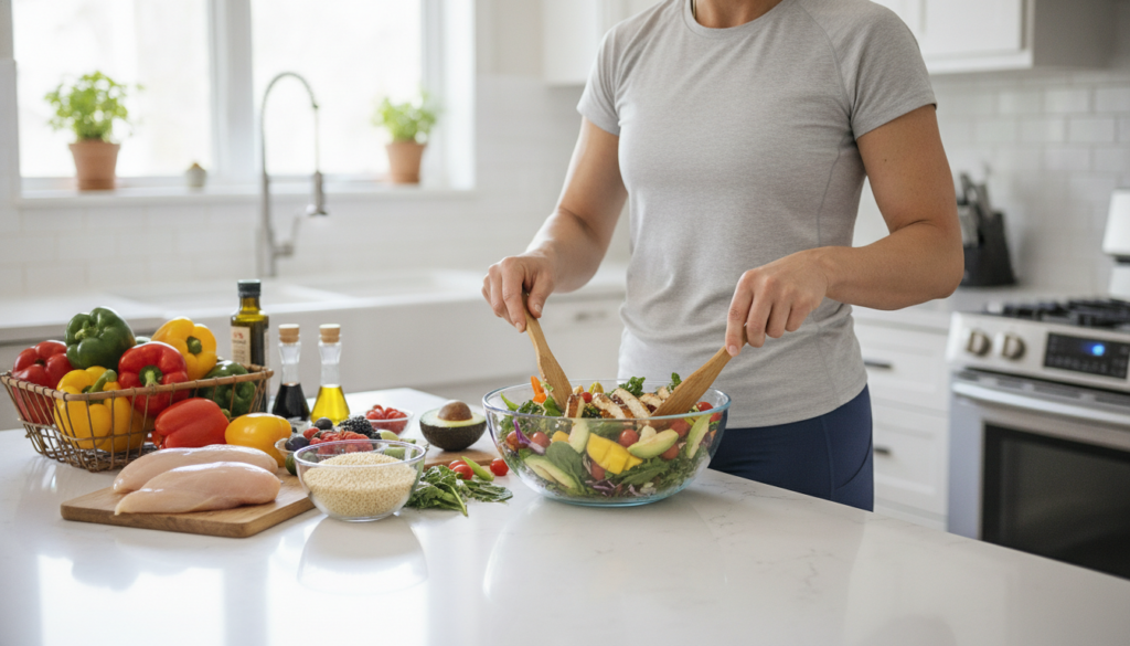 A person preparing a healthy meal possibly a salad with chicken or tofu in a modern kitchen demonstrating active lifesty