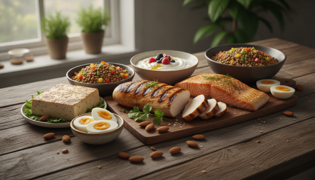 A vibrant and diverse spread of high-protein foods including grilled chicken breast salmon eggs Greek yogurt lentils tof