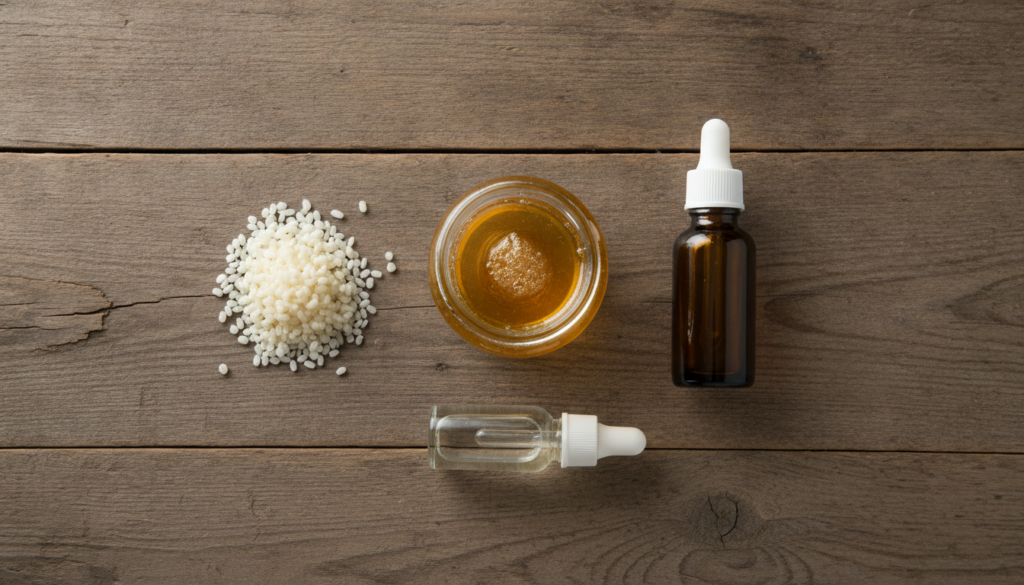 Ingredients for honey balm including a jar of honey a bottle of almond oil beeswax pellets and vitamin E oil on a rustic
