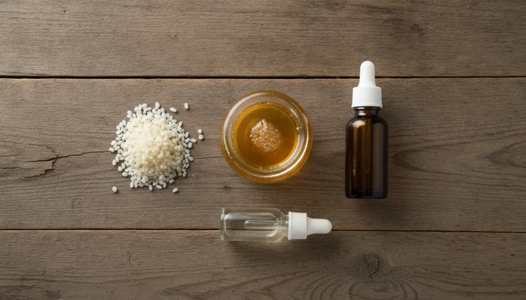 Ingredients for honey balm including a jar of honey a bottle of almond oil beeswax pellets and vitamin E oil on a rustic