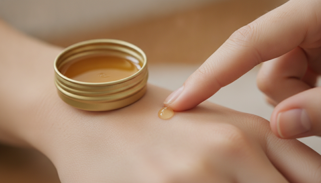 A small elegant tin of DIY honey balm open with a fingertip gently dabbing a tiny amount onto the back of a hand with a 