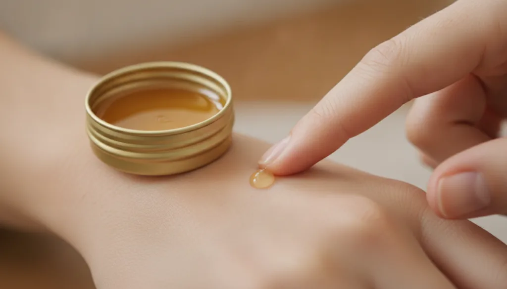 A small elegant tin of DIY honey balm open with a fingertip gently dabbing a tiny amount onto the back of a hand with a