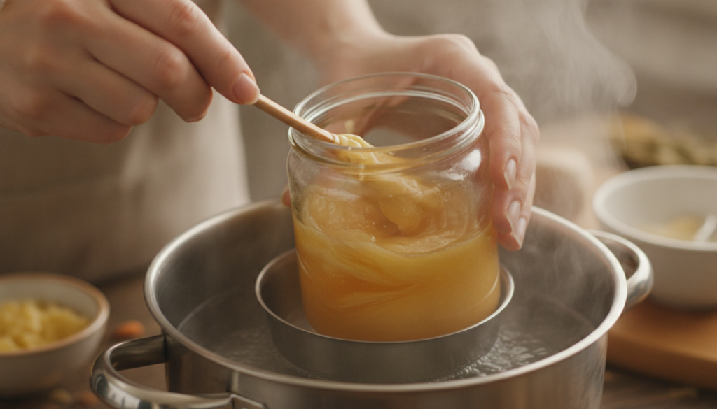 Hands stirring melted beeswax almond oil and honey in a glass jar over a double boiler with a smooth golden mixture form