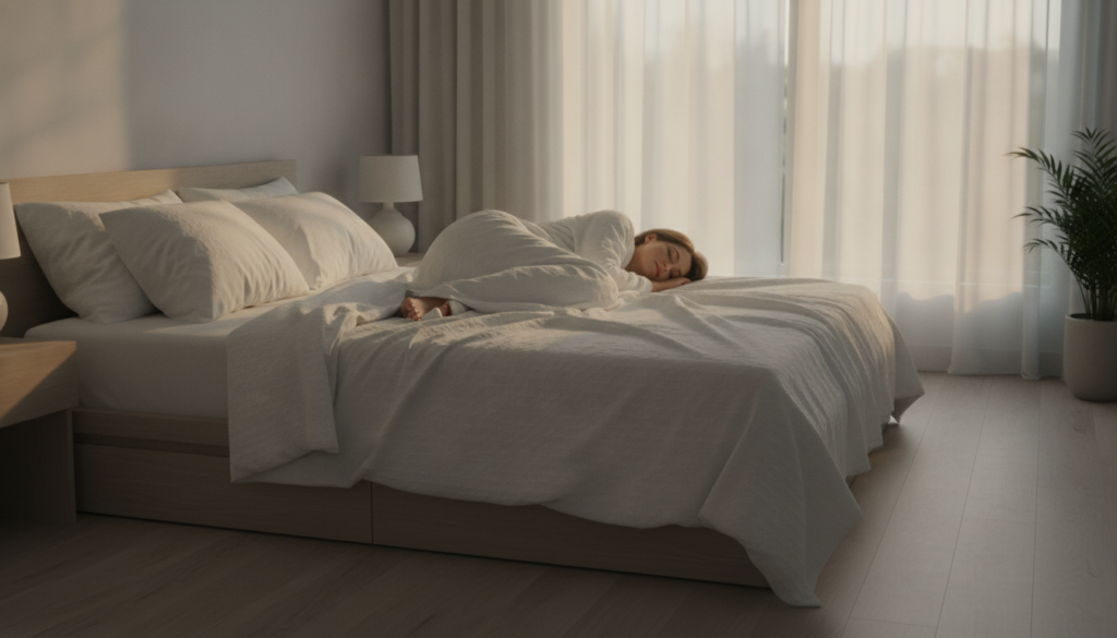 A serene bedroom scene with someone sleeping peacefully emphasizing the importance of restful sleep for health and weigh