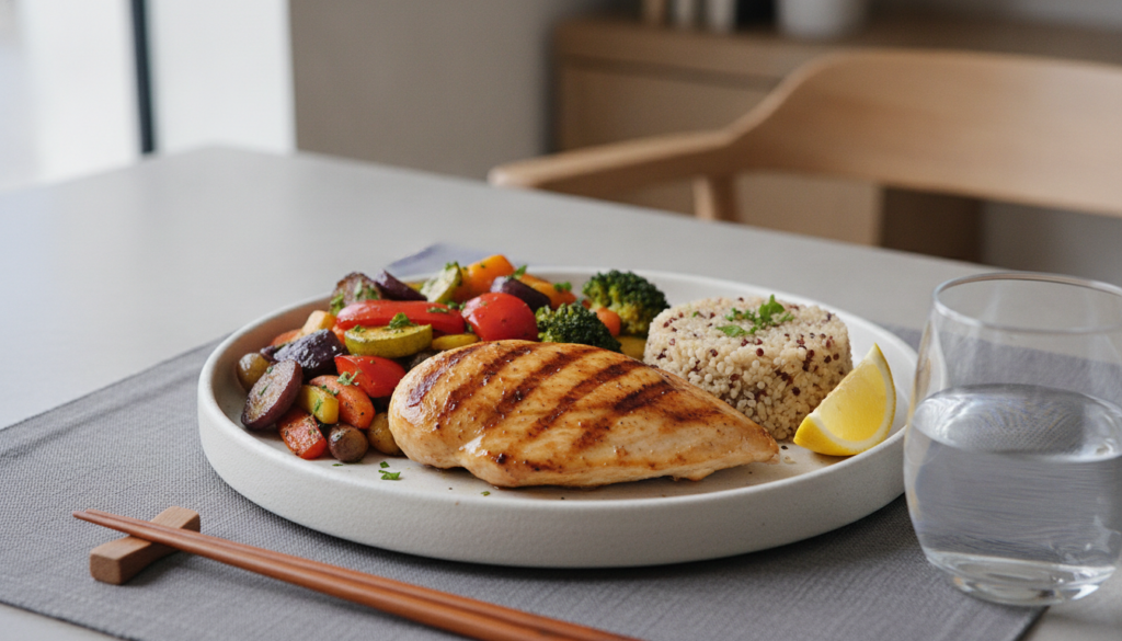 A vibrant well-balanced meal with lean protein colorful vegetables and a complex carbohydrate artfully arranged on a pla