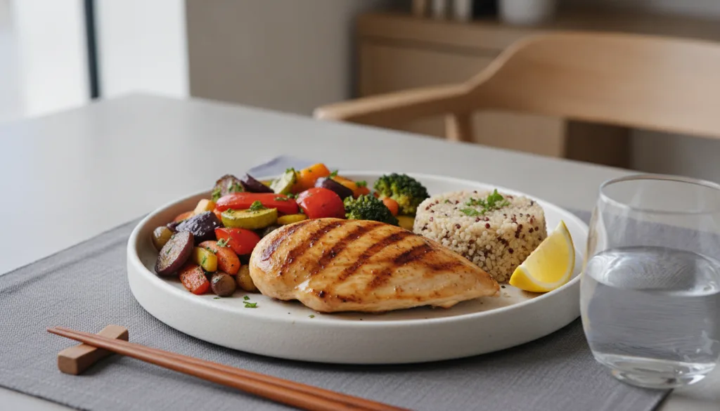A vibrant well-balanced meal with lean protein colorful vegetables and a complex carbohydrate artfully arranged on a pla