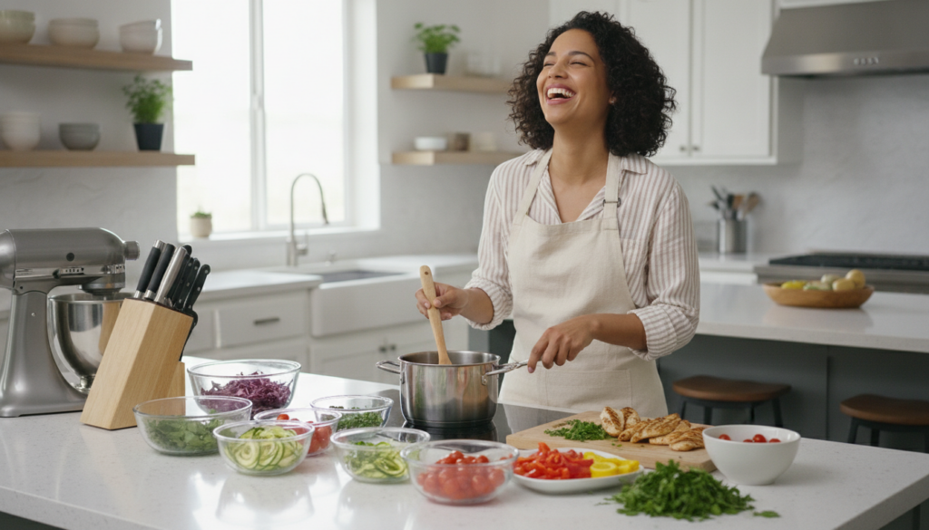 A person happily making a healthy meal prep with various colorful ingredients and containers on a kitchen counter symbol