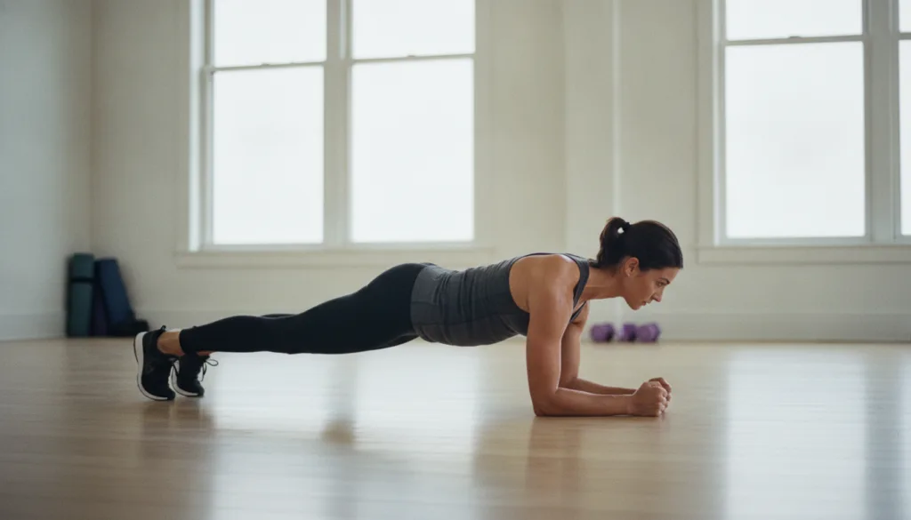 A person engaged in a light but effective exercise like a plank or yoga pose in a bright clean fitness space demonstrati