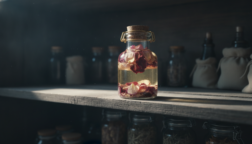 A small glass jar filled with baby oil and dried rose petals infusing on a shelf in a cool dark place