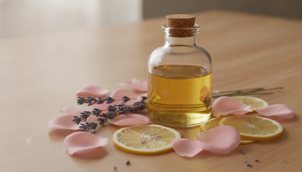 A close-up shot of baby oil in a clear glass bottle next to fresh rose petals lavender sprigs and lemon slices suggestin
