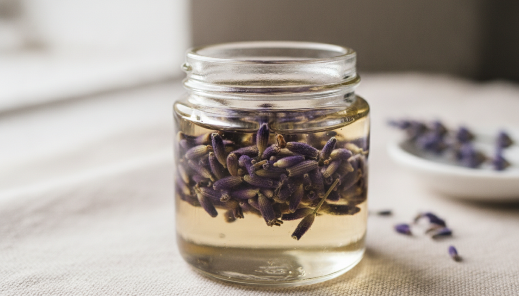 A small glass jar with baby oil and dried lavender buds with soft focus on the ingredients