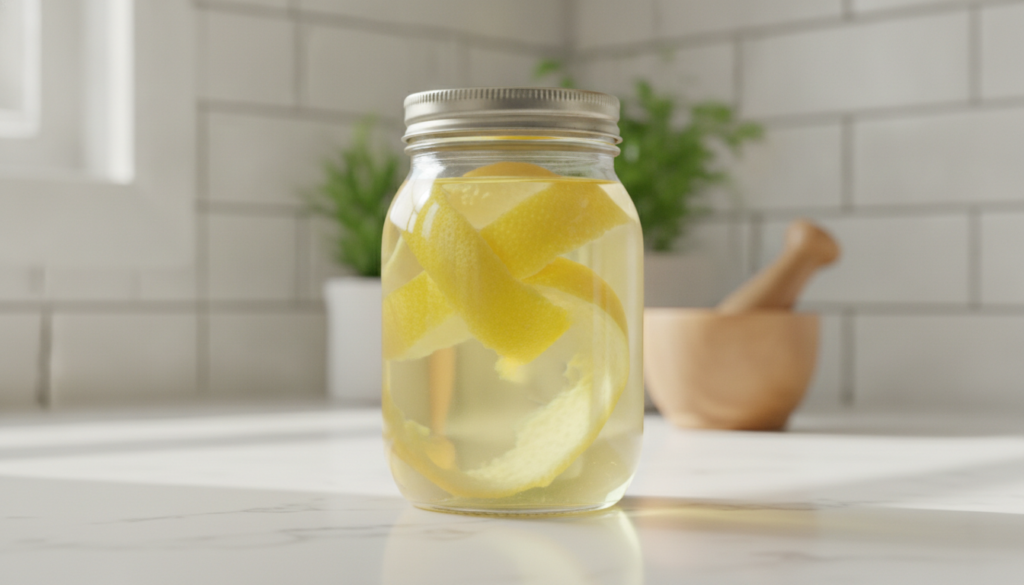 A glass jar filled with baby oil and fresh lemon peels showing the vibrant yellow of the zest