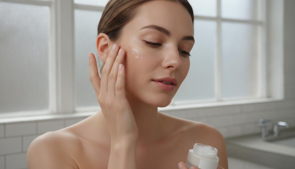 A woman gently patting a clear glaze onto her cheek with her fingertips her skin looking hydrated and radiant in a well-