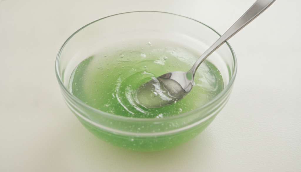 A clear glass bowl with aloe vera gel and vegetable glycerin being stirred together with a small spoon showcasing the mi