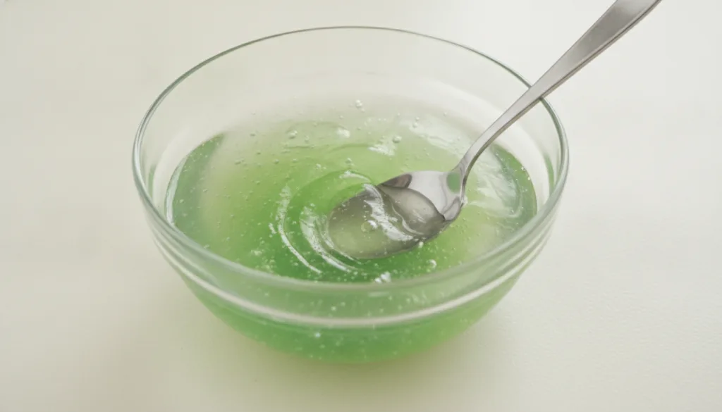 A clear glass bowl with aloe vera gel and vegetable glycerin being stirred together with a small spoon showcasing the mi