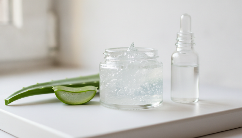 A small glass jar filled with a clear slightly viscous glass skin glaze with a fresh aloe vera leaf and a small bottle o