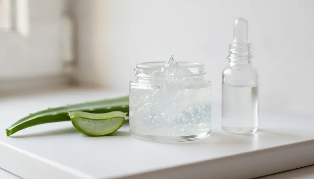 A small glass jar filled with a clear slightly viscous glass skin glaze with a fresh aloe vera leaf and a small bottle o
