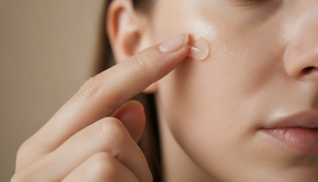 A close-up shot of a hand gently dabbing a small amount of the prepared Vaseline and Baby Oil mixture onto the cheek of 