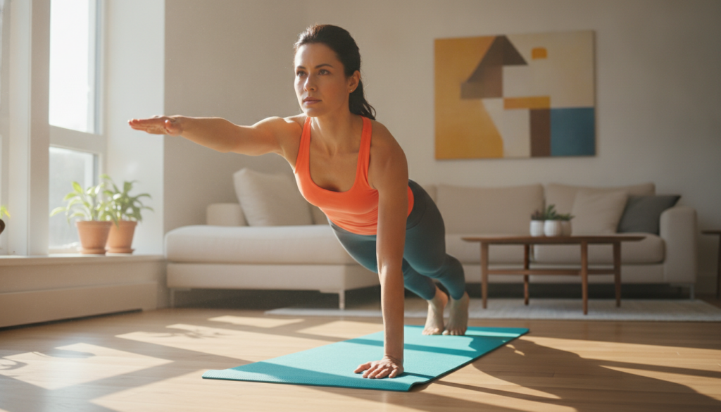 A vibrant energetic woman in athletic wear stretching or performing a core exercise in a bright modern living room at su