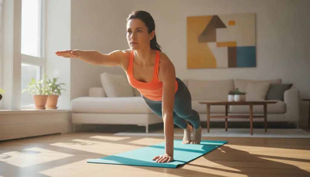 A vibrant energetic woman in athletic wear stretching or performing a core exercise in a bright modern living room at su