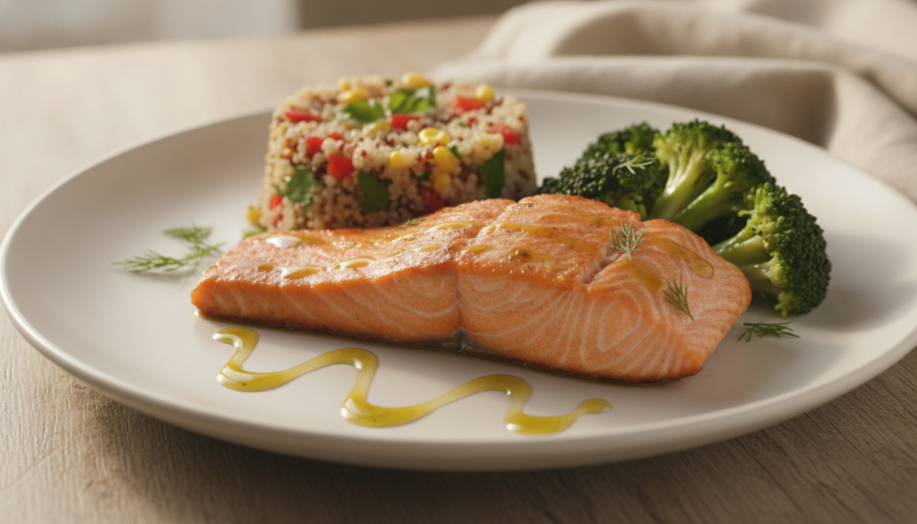 A vibrant well-balanced meal featuring lean protein healthy fats and fiber-rich vegetables presented attractively on a p