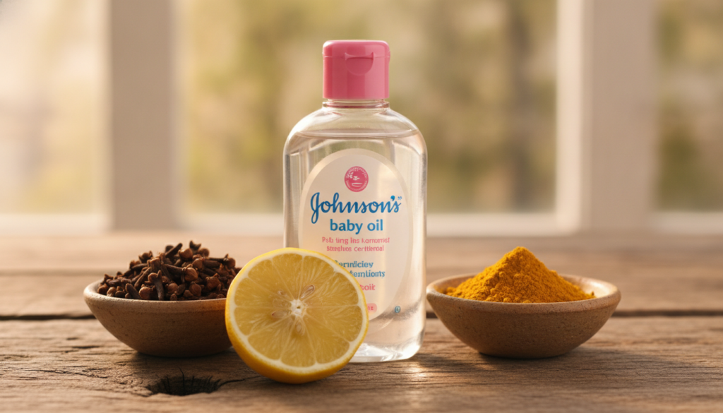 Ingredients for a DIY baby oil skincare recipe including a bottle of Johnson s baby oil whole cloves ground turmeric pow