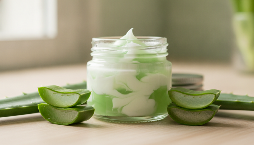 A small glass jar containing a mixture of Vaseline and fresh aloe vera gel with a couple of aloe vera leaves in the back