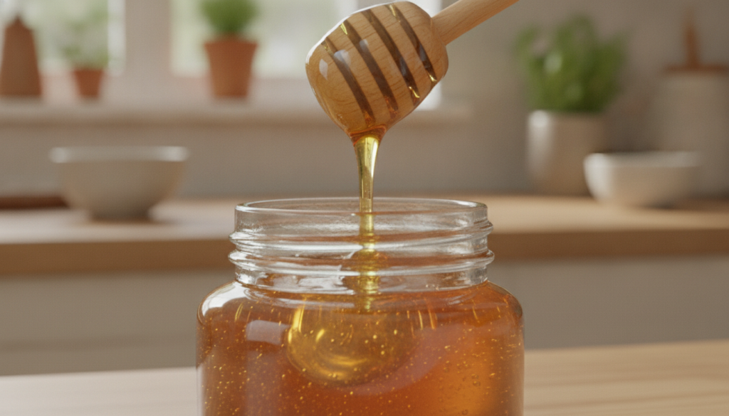 A small pot of Vaseline and honey lip balm with a drizzle of honey and a honey dipper nearby