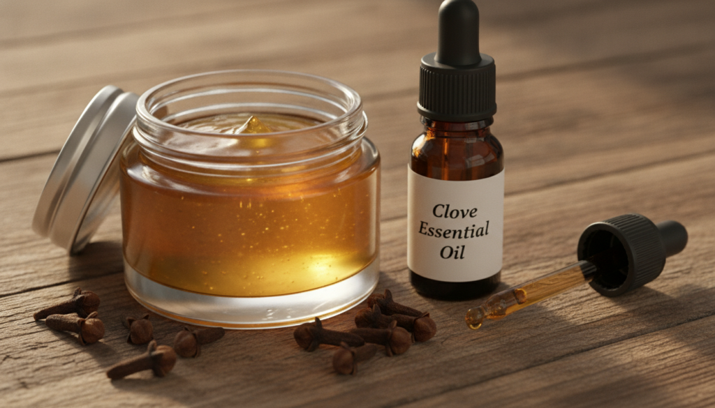 A small container with a Vaseline and clove oil mix with a few whole cloves and a small bottle of clove essential oil ne