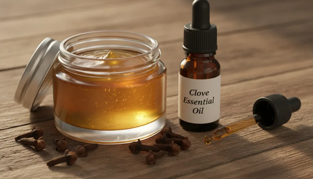 A small container with a Vaseline and clove oil mix with a few whole cloves and a small bottle of clove essential oil ne